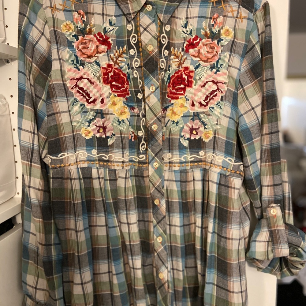 Johnny Was Blue Plaid Embroidered Blouse